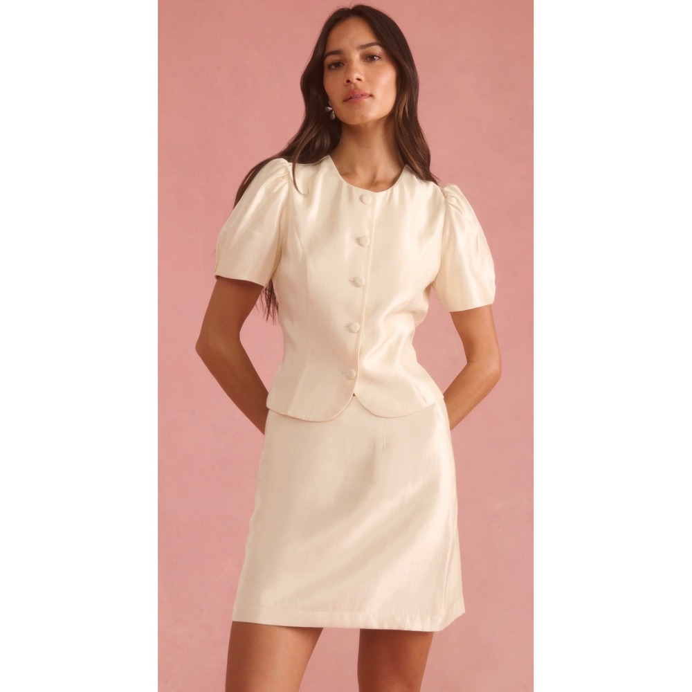 Few Moda Kourt Champagne Satin 2 Piece Set Puff Sleeve Button Top and Mini Skirt